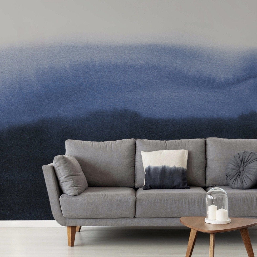 Papier Peint Panoramique Aquarelle Bleu Scandinave Dégradé - Removable Vinyl (Peel & Stick)