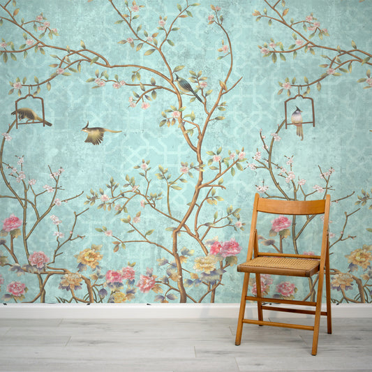 This wall mural has a stunning patterned mint background embellished with charming birds and tree branches in true chinoiserie style.