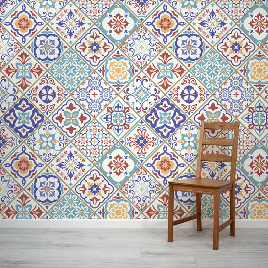 'Codelic' wallpaper mural featuring Portuguese style tile effect in bright primary colours. Looks great in a dining room or kitchen!