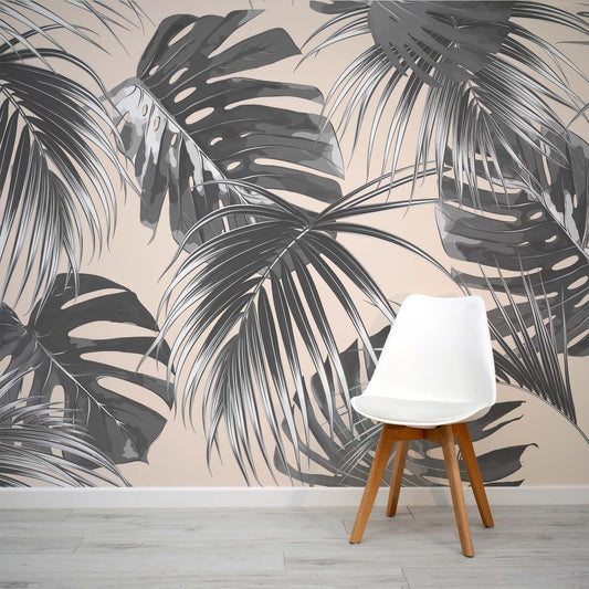 Copacabana Cinza - Grey & Cream Large Tropical Leaves Wallpaper Mural