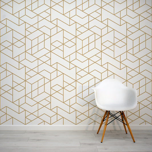Culanda Gold & White Geometric Art Deco Wallpaper Mural with White Chair