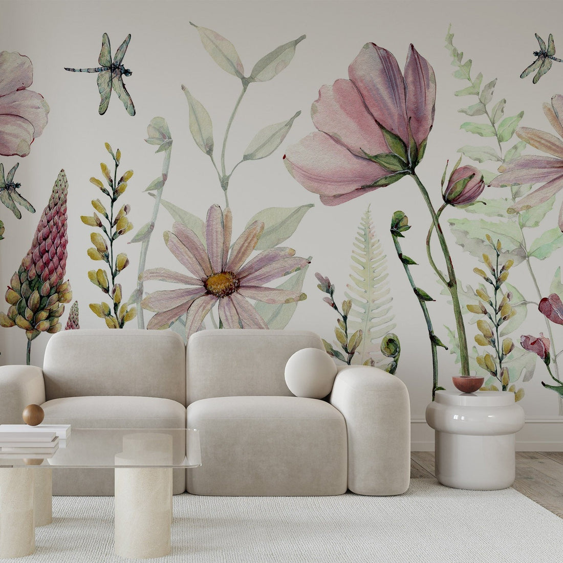 Papier Peint Fresque Fleurs Aquarelles Roses - Removable Vinyl (Peel & Stick)