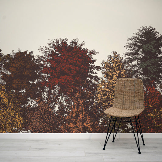 Deciduous Autumn - Warm Panoramic Etched Trees Scene Wallpaper Mural with Rattan Chair