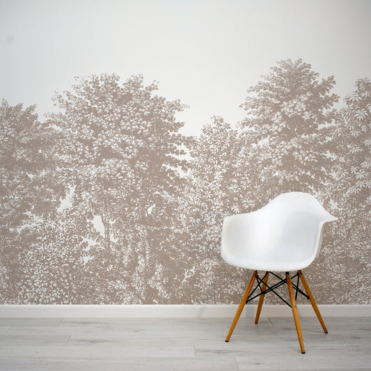 Deciduous Brown - Stone Panoramic Etched Trees Scene Wallpaper Mural with White Chair