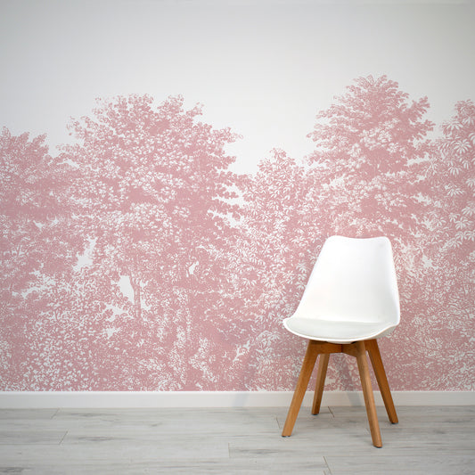 Deciduous Pink - Baby Pink Panoramic Etched Trees Scene Wallpaper Mural with White Chair