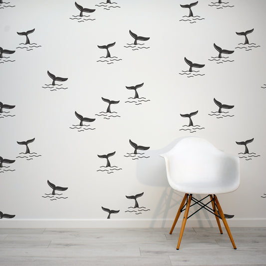 Declas Whale Tails Children's Wallpaper Mural with White Chair