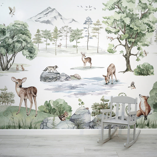Deer Forest - Woodland Animals and Trees Watercolour Illustration Wallpaper Mural with Baby Chair