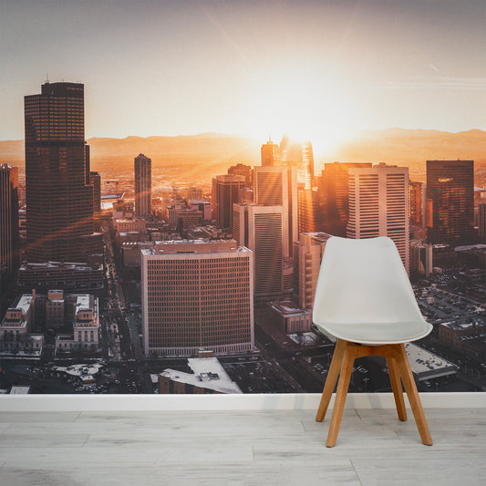 Denver Sunset Cityscape Wallpaper Mural with Grey Chair