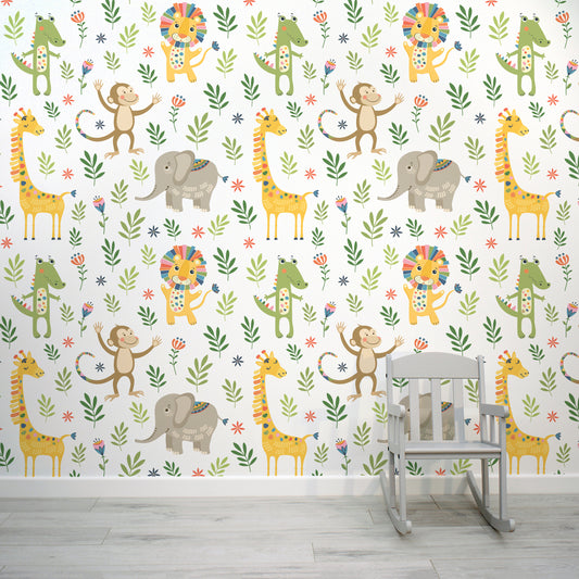 Difinnety Animal Pattern Children's Wallpaper Mural with Kid's Chair