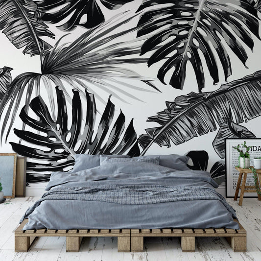 Ebony wallpaper mural in a modern bedroom scene | WallpaperMural.com