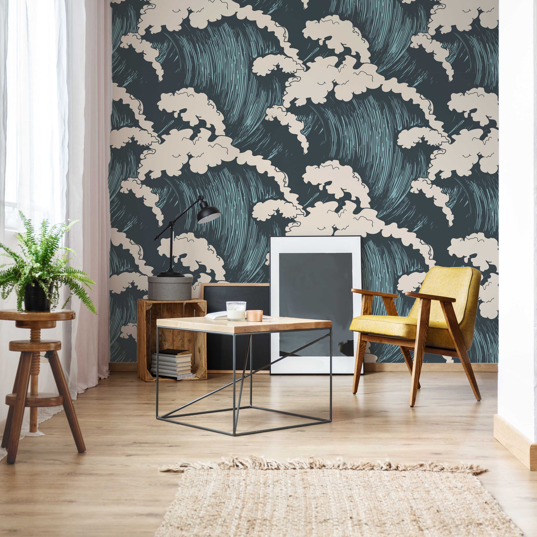 Papier Peint Illustration Vague Nautique Bleue et Turquoise - Removable Wallpaper (Peel & Stick)