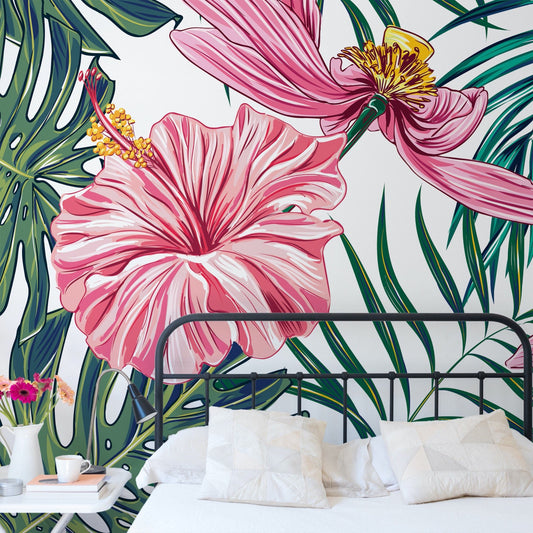 Hibiscus wallpaper mural in a bedroom setting | WallpaperMural.com