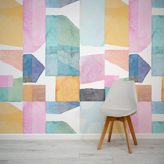 Katachi Abstract Watercolour Patches Wallpaper Mural with Grey Chair