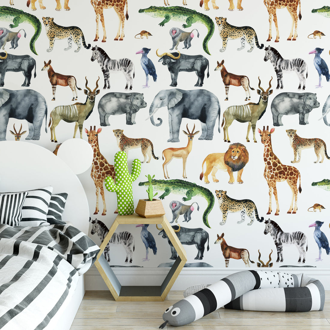 Papier Peint Fresque Aquarelle Colorée Éléphant et Girafe - Removable Wallpaper (Peel & Stick)