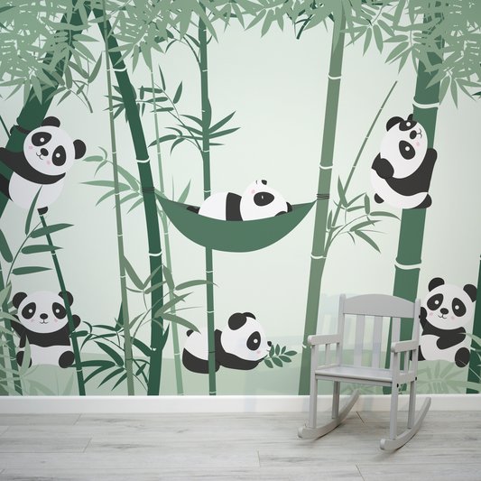 Panda-monium-green-bamboo-panda-kids-wallmural-in-a-kids-room
