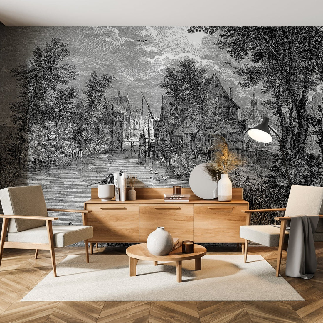 Papier Peint Fresque Paysage de Rivière Gravée Vintage - Removable Wallpaper (Peel & Stick)