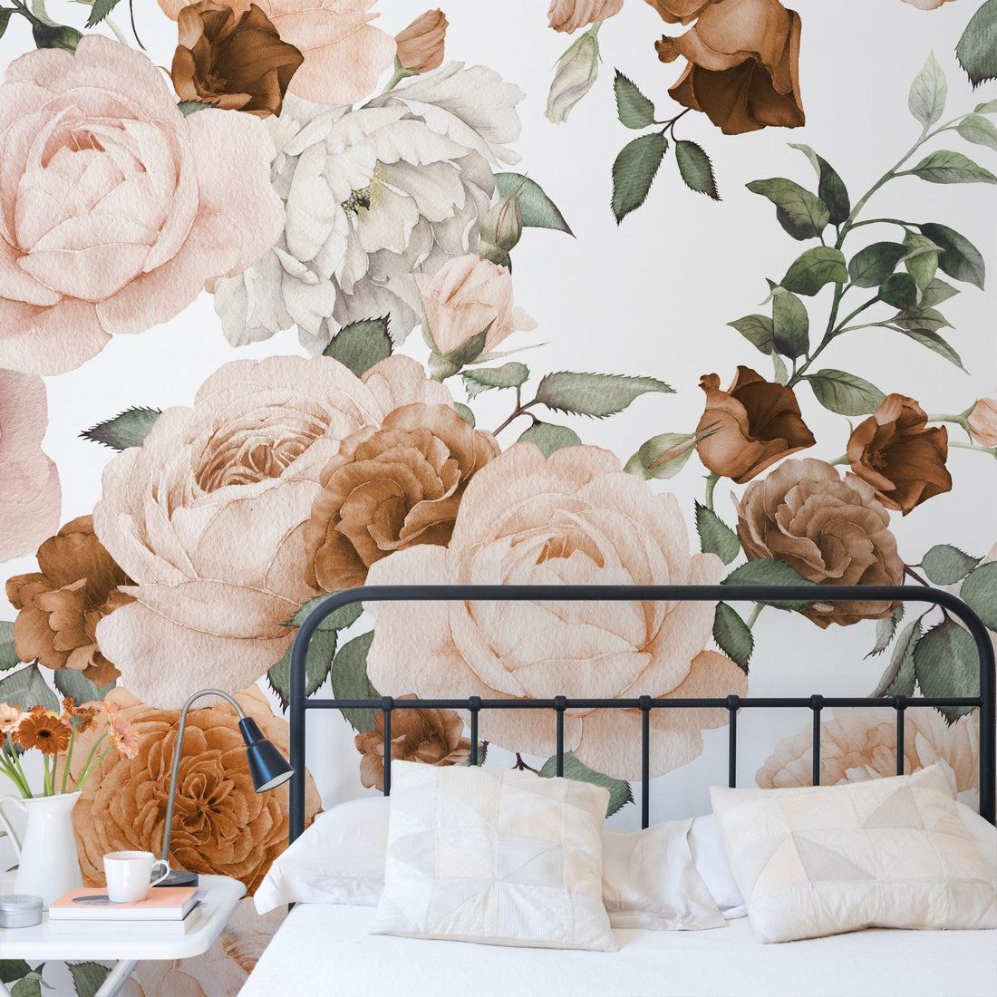 Papier Peint Aquarelle Floral Orange Cuivre - Removable Wallpaper (Peel & Stick)