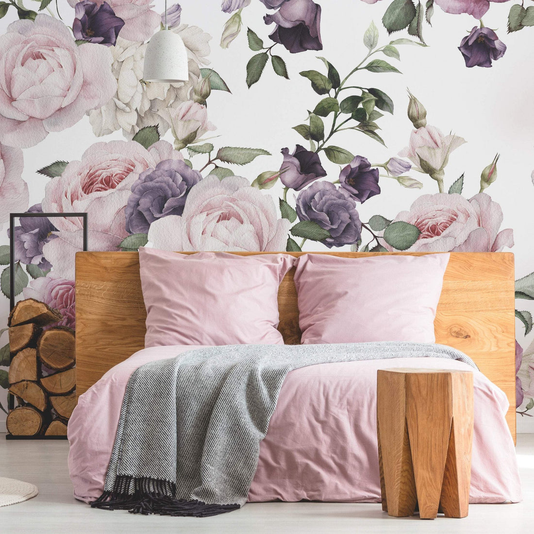 Papier peint Illustration Florale Rose et Blanche à l'Aquarelle - Removable Wallpaper (Peel & Stick)