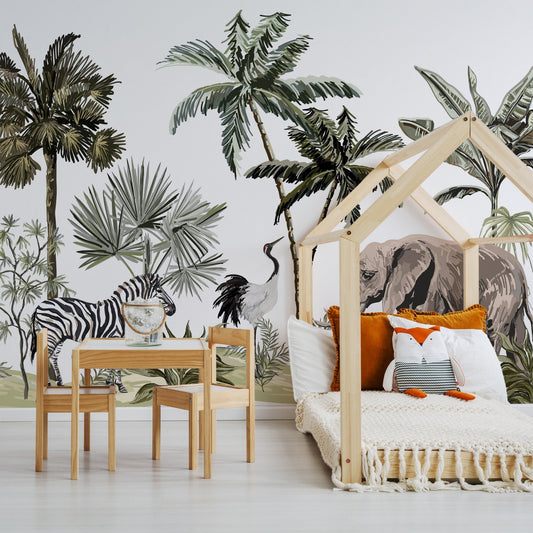 Safari wallpaper mural in a bed made out of a wooden frame | WallpaperMural.com