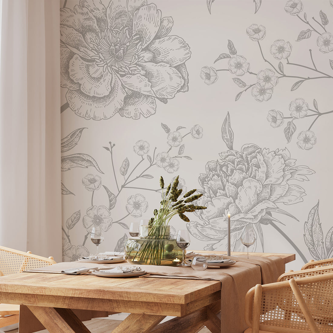 Papier Peint Panoramique Floral Détaillé Gris Subtil - Removable Wallpaper (Peel & Stick)