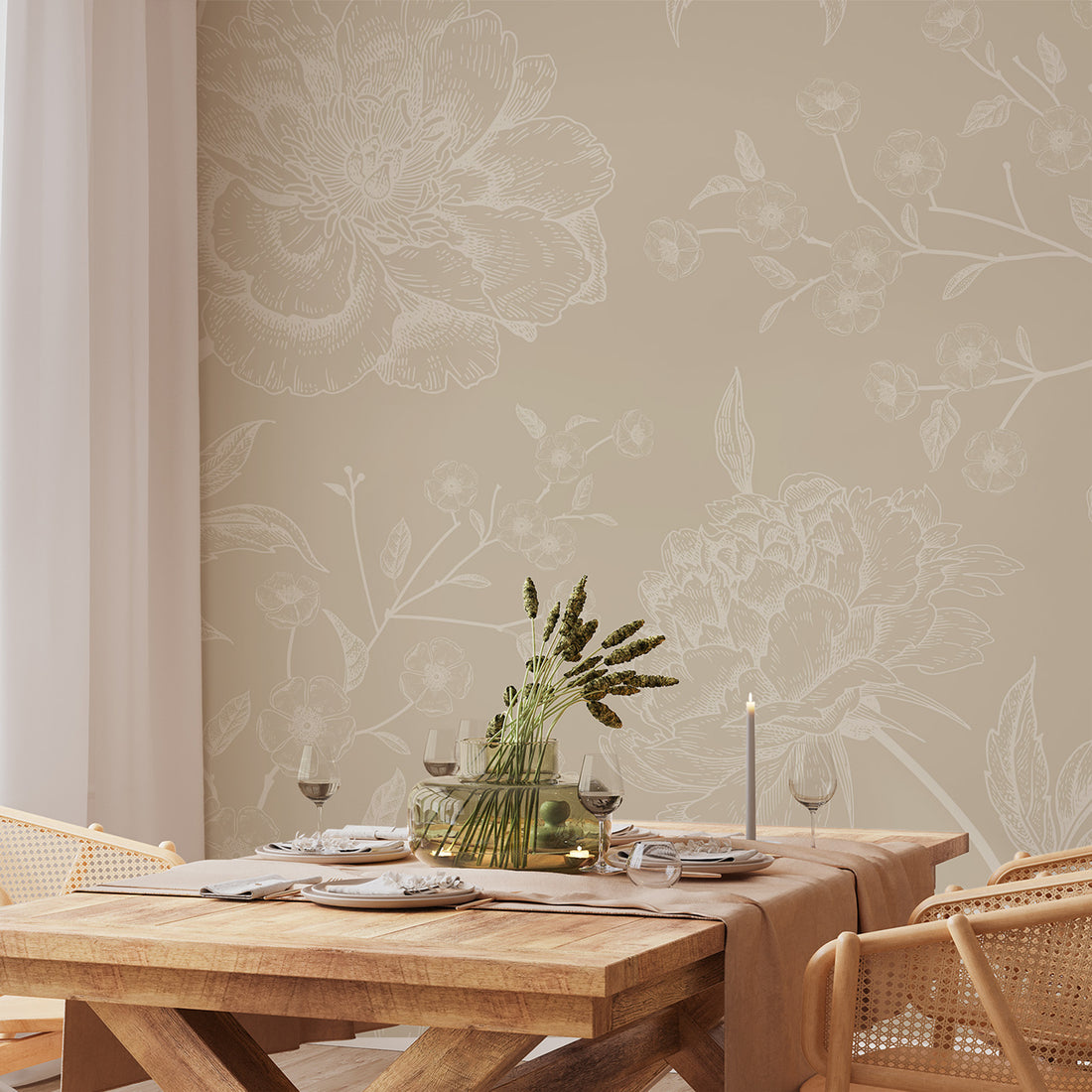 Papier Peint Panoramique Floral Beige Subtil - Removable Wallpaper (Peel & Stick)