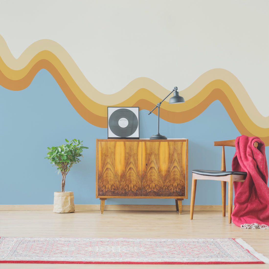 Papier Peint Vague Orange sur Bleu - Removable Vinyl (Peel & Stick)